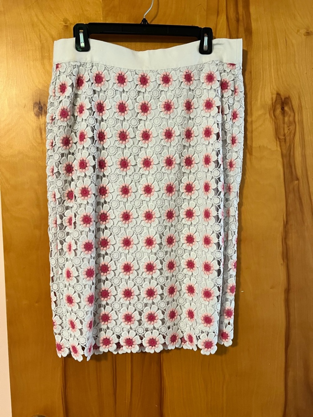 J. Crew White Crochet Midi Skirt with Pink Floral Accents